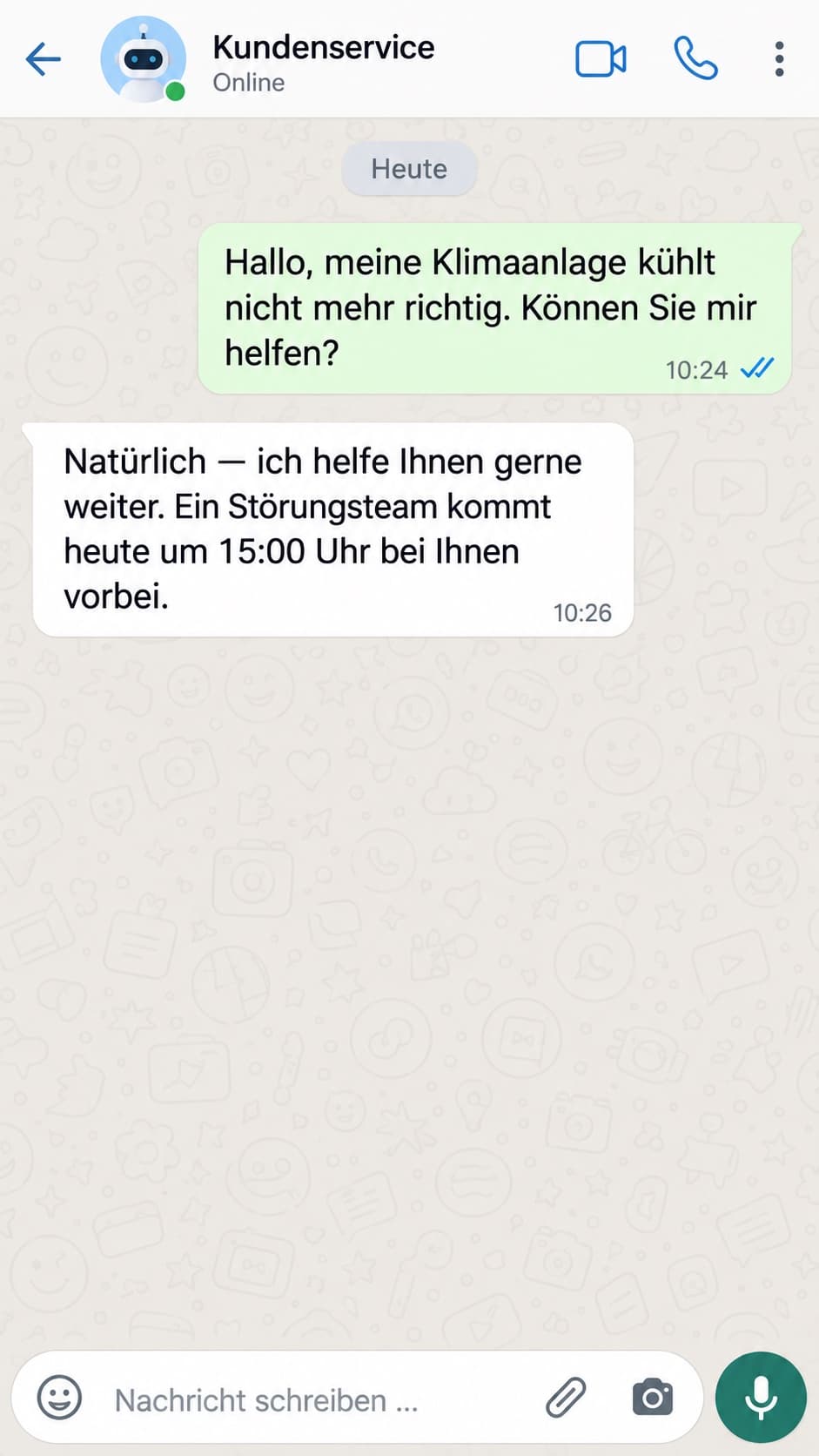Beispiel eines Kundenservice-Chats: Ein Kunde schreibt, dass seine Klimaanlage nicht mehr richtig kühlt, der Chat bestätigt einen Termin für 15 Uhr